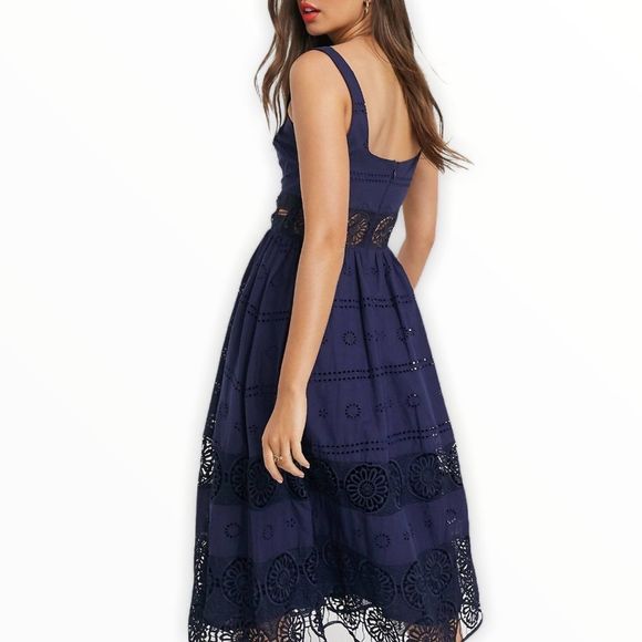 ASOS Navy Square Neck Embroidered Midi Dress NWT - Picture 2 of 14